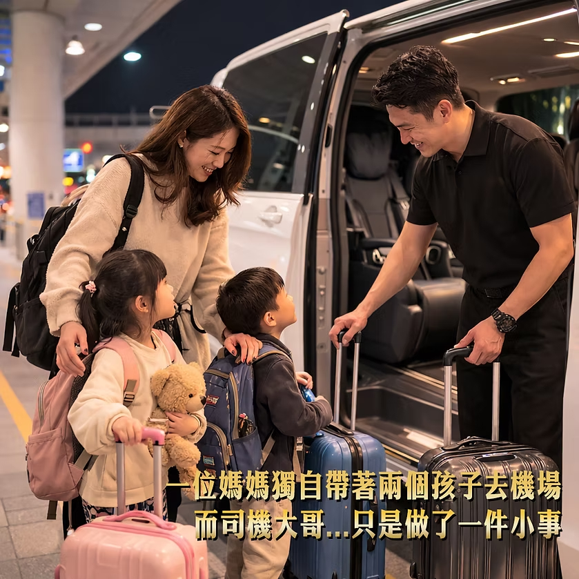 MB御駕親子機場接送，司機協助媽媽與兩個孩子搬運行李上車
