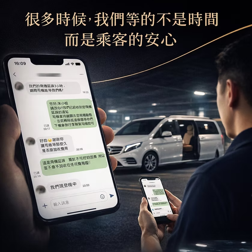 MB御駕桃園機場接送司機等待乘客抵達並透過訊息保持聯繫