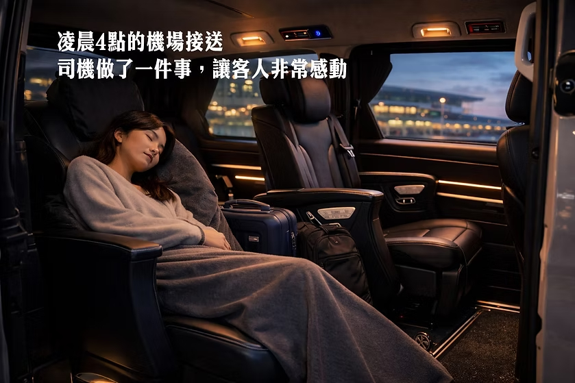 MB御駕凌晨機場接送，乘客在賓士車內休息，司機提供貼心接送服務